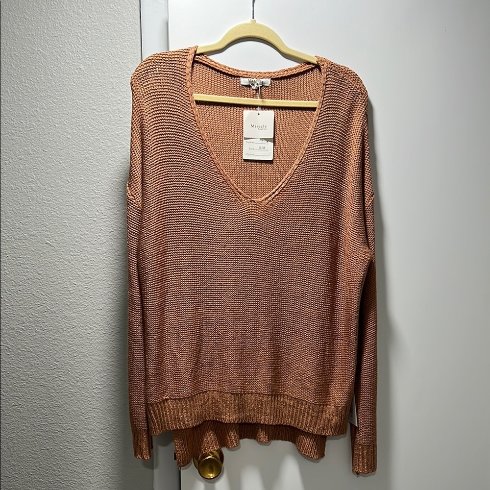Miracle Tan V-Neck Sweater Lightweight Knit